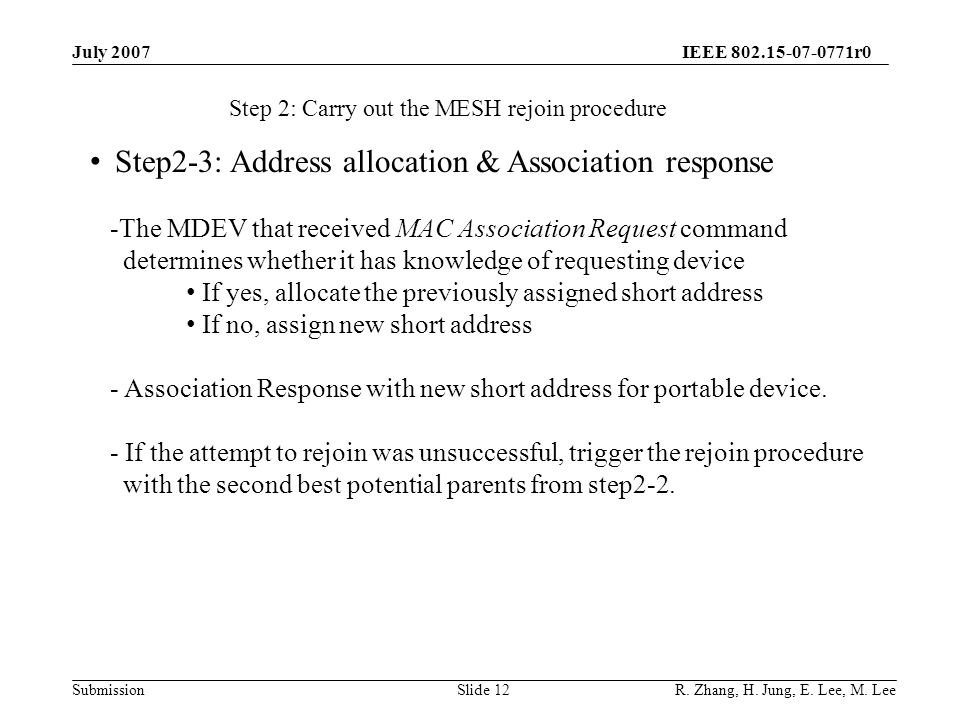 IEEE r0 SubmissionSlide 12 Step 2: Carry out the MESH rejoin procedure July 2007 R.