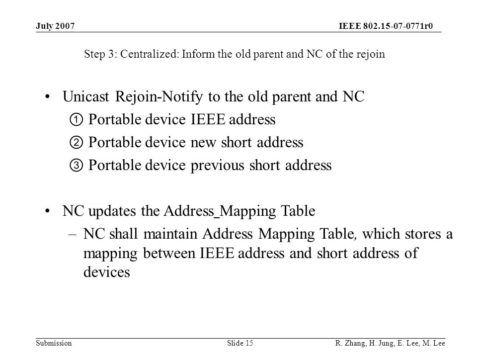 IEEE r0 SubmissionSlide 15 Unicast Rejoin-Notify to the old parent and NC ① Portable device IEEE address ② Portable device new short address ③ Portable device previous short address NC updates the Address Mapping Table –NC shall maintain Address Mapping Table, which stores a mapping between IEEE address and short address of devices Step 3: Centralized: Inform the old parent and NC of the rejoin July 2007 R.