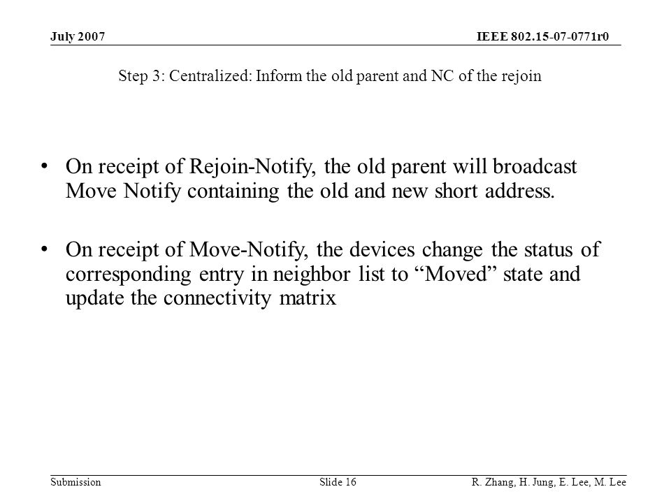 IEEE r0 SubmissionSlide 16 On receipt of Rejoin-Notify, the old parent will broadcast Move Notify containing the old and new short address.