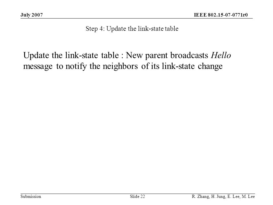 IEEE r0 SubmissionSlide 22 Step 4: Update the link-state table Update the link-state table : New parent broadcasts Hello message to notify the neighbors of its link-state change July 2007 R.