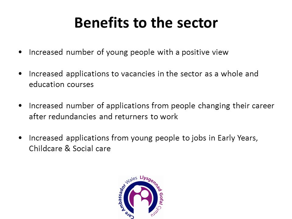 Increased number of young people with a positive view Increased applications to vacancies in the sector as a whole and education courses Increased number of applications from people changing their career after redundancies and returners to work Increased applications from young people to jobs in Early Years, Childcare & Social care Benefits to the sector