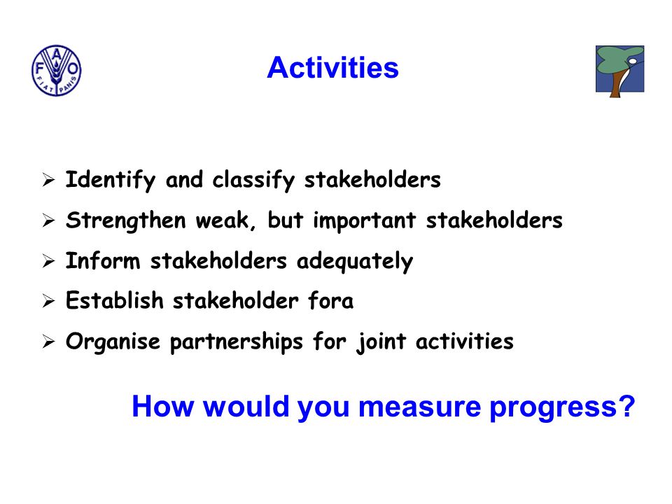  Identify and classify stakeholders  Strengthen weak, but important stakeholders  Inform stakeholders adequately  Establish stakeholder fora  Organise partnerships for joint activities Activities How would you measure progress