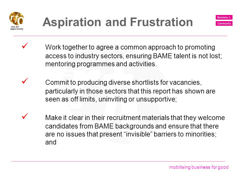 mobilising business for good Aspiration and Frustration Work together to agree a common approach to promoting access to industry sectors, ensuring BAME talent is not lost; mentoring programmes and activities.