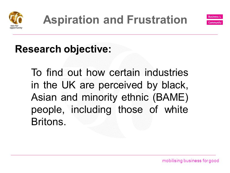 mobilising business for good Aspiration and Frustration Research objective: To find out how certain industries in the UK are perceived by black, Asian and minority ethnic (BAME) people, including those of white Britons.