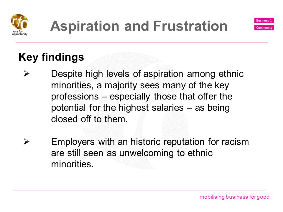 mobilising business for good Aspiration and Frustration Key findings  Despite high levels of aspiration among ethnic minorities, a majority sees many of the key professions – especially those that offer the potential for the highest salaries – as being closed off to them.