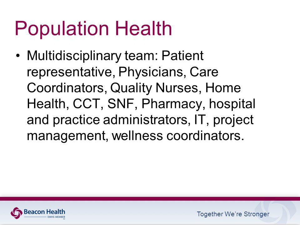Together We’re Stronger Population Health Multidisciplinary team: Patient representative, Physicians, Care Coordinators, Quality Nurses, Home Health, CCT, SNF, Pharmacy, hospital and practice administrators, IT, project management, wellness coordinators.