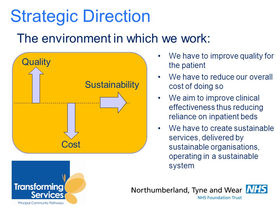 The environment in which we work: We have to improve quality for the patient We have to reduce our overall cost of doing so We aim to improve clinical effectiveness thus reducing reliance on inpatient beds We have to create sustainable services, delivered by sustainable organisations, operating in a sustainable system Quality Cost Sustainability Strategic Direction