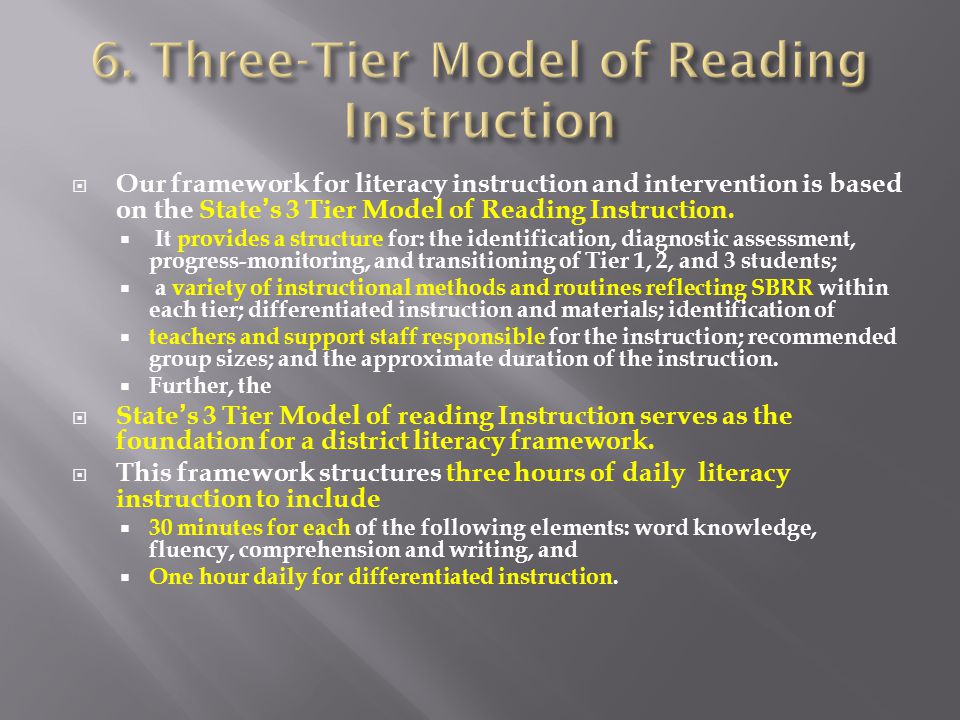  Our framework for literacy instruction and intervention is based on the State’s 3 Tier Model of Reading Instruction.