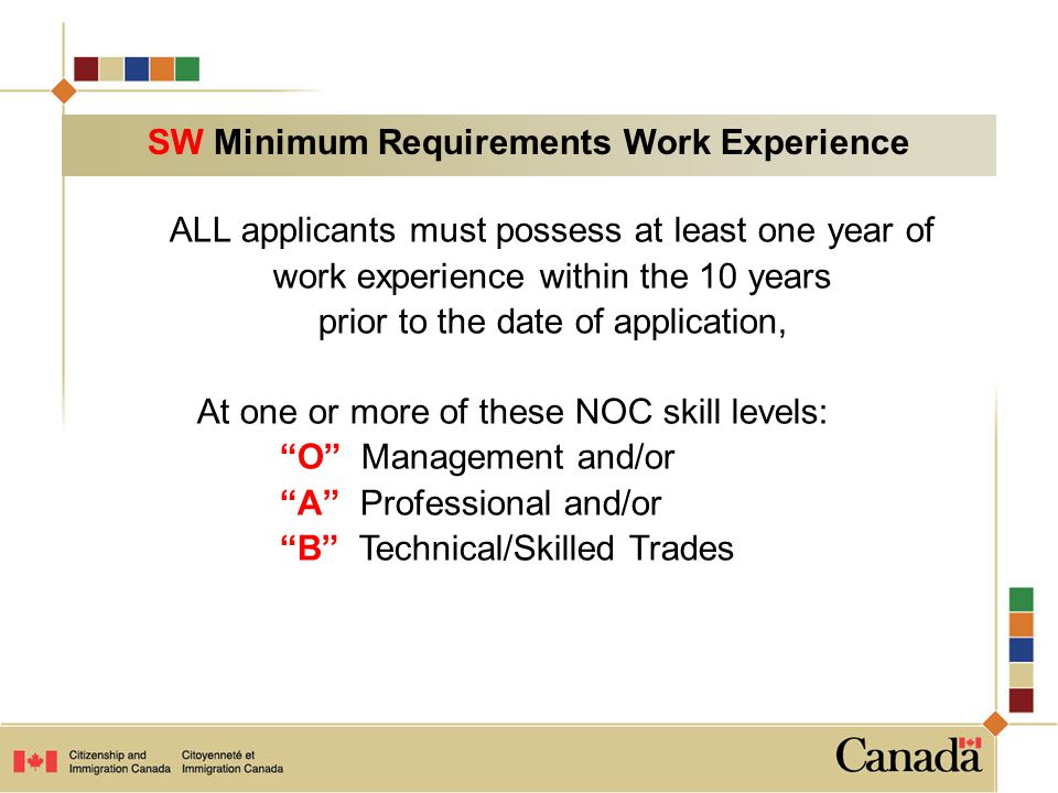 ALL applicants must possess at least one year of work experience within the 10 years prior to the date of application, At one or more of these NOC skill levels: O Management and/or A Professional and/or B Technical/Skilled Trades SW Minimum Requirements Work Experience