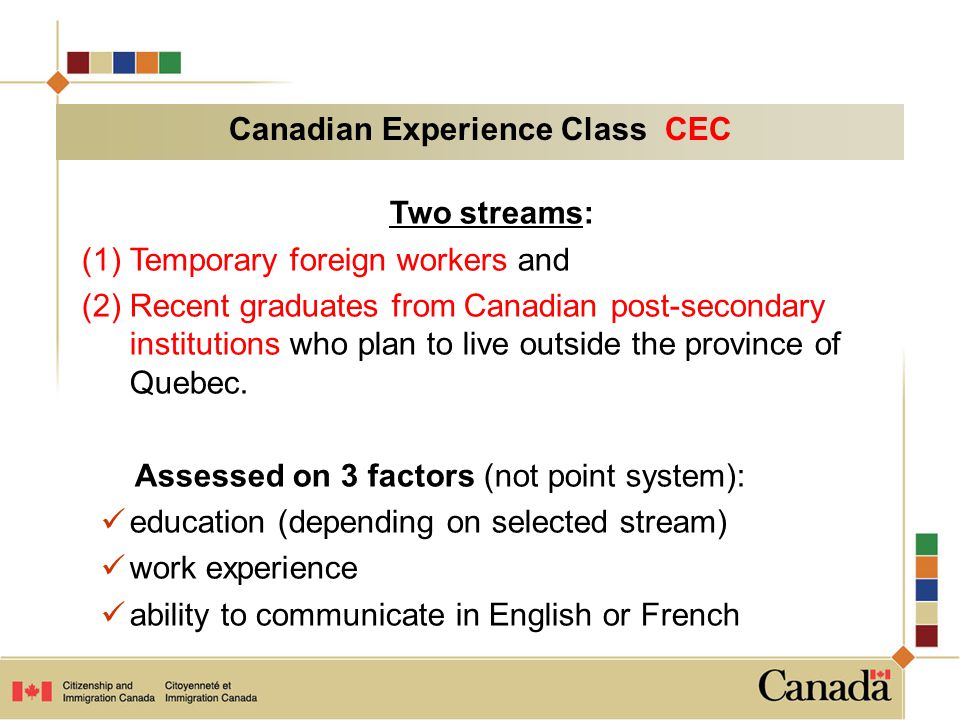 Two streams: (1)Temporary foreign workers and (2)Recent graduates from Canadian post-secondary institutions who plan to live outside the province of Quebec.