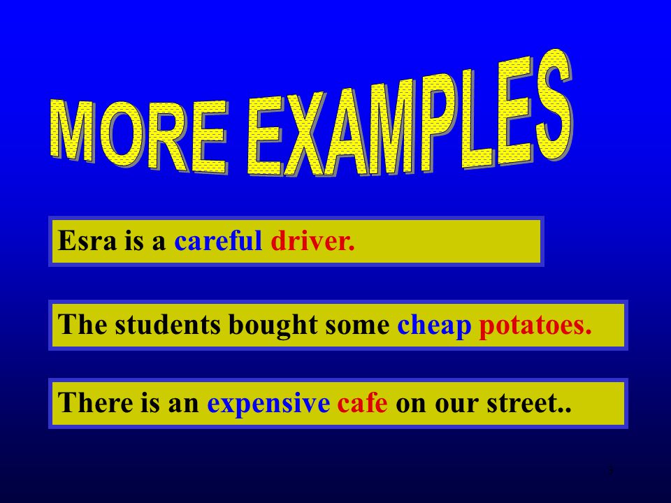 3 Esra is a careful driver. The students bought some cheap potatoes.