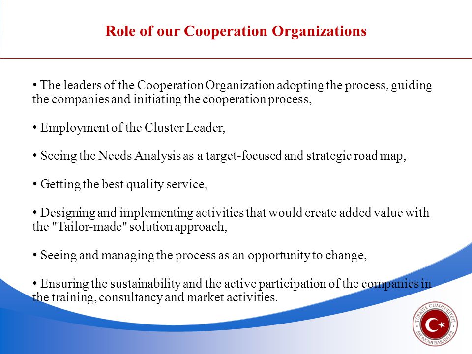 The leaders of the Cooperation Organization adopting the process, guiding the companies and initiating the cooperation process, Employment of the Cluster Leader, Seeing the Needs Analysis as a target-focused and strategic road map, Getting the best quality service, Designing and implementing activities that would create added value with the Tailor-made solution approach, Seeing and managing the process as an opportunity to change, Ensuring the sustainability and the active participation of the companies in the training, consultancy and market activities.