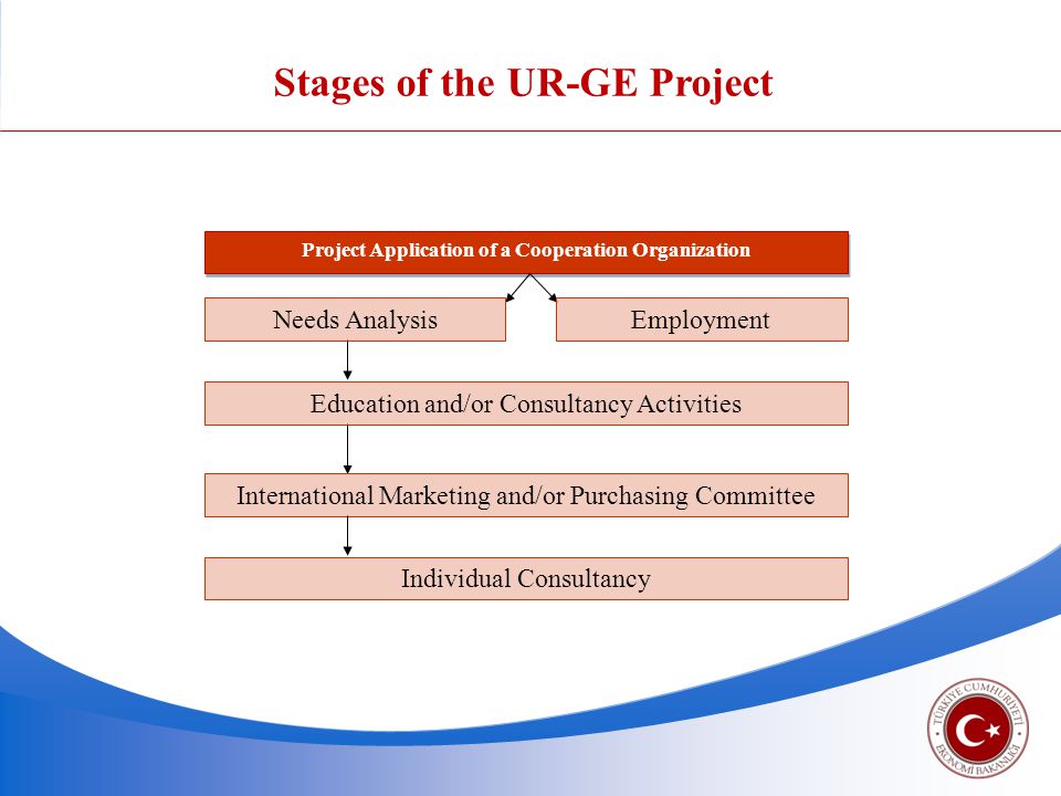Stages of the UR-GE Project Project Application of a Cooperation Organization Needs AnalysisEmployment Education and/or Consultancy Activities International Marketing and/or Purchasing Committee Individual Consultancy
