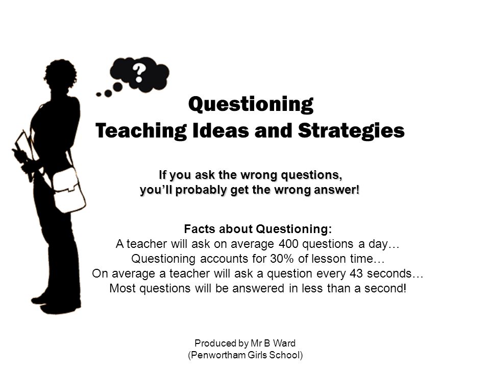 Produced by Mr B Ward (Penwortham Girls School) Questioning Teaching Ideas and Strategies If you ask the wrong questions, you’ll probably get the wrong answer.
