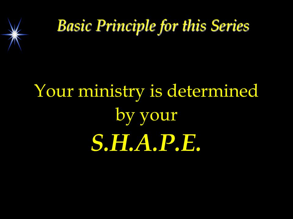 Basic Principle for this Series Your ministry is determined by your S.H.A.P.E.