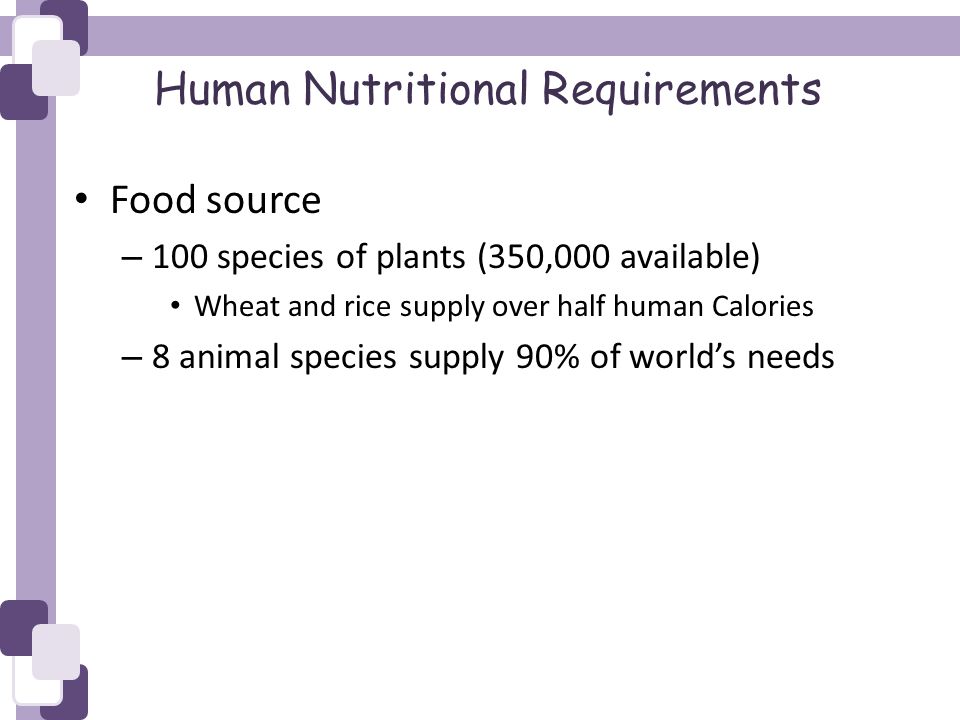 Human Nutritional Requirements Food source – 100 species of plants (350,000 available) Wheat and rice supply over half human Calories – 8 animal species supply 90% of world’s needs