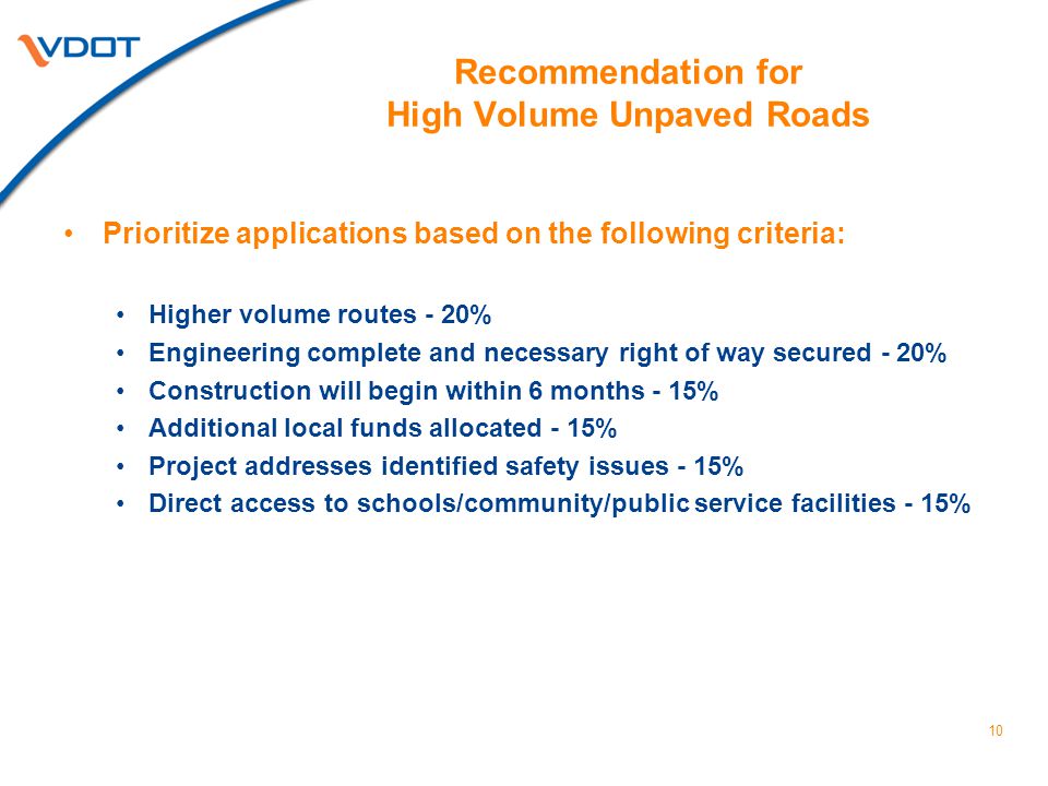 Recommendation for High Volume Unpaved Roads Prioritize applications based on the following criteria: Higher volume routes - 20% Engineering complete and necessary right of way secured - 20% Construction will begin within 6 months - 15% Additional local funds allocated - 15% Project addresses identified safety issues - 15% Direct access to schools/community/public service facilities - 15% 10