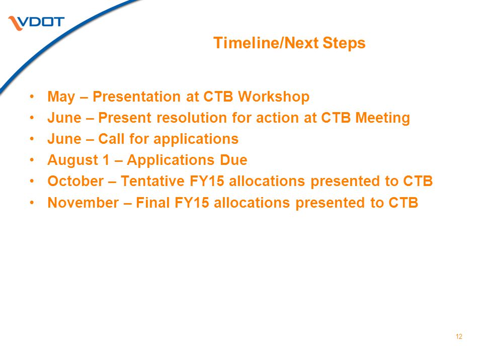 Timeline/Next Steps May – Presentation at CTB Workshop June – Present resolution for action at CTB Meeting June – Call for applications August 1 – Applications Due October – Tentative FY15 allocations presented to CTB November – Final FY15 allocations presented to CTB 12