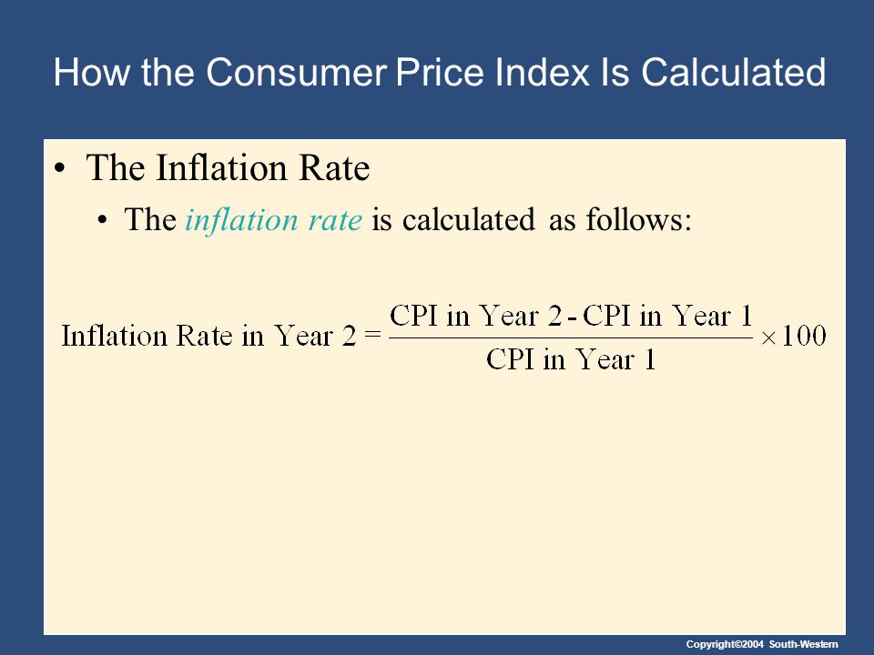 Copyright©2004 South-Western How the Consumer Price Index Is Calculated The Inflation Rate The inflation rate is calculated as follows: