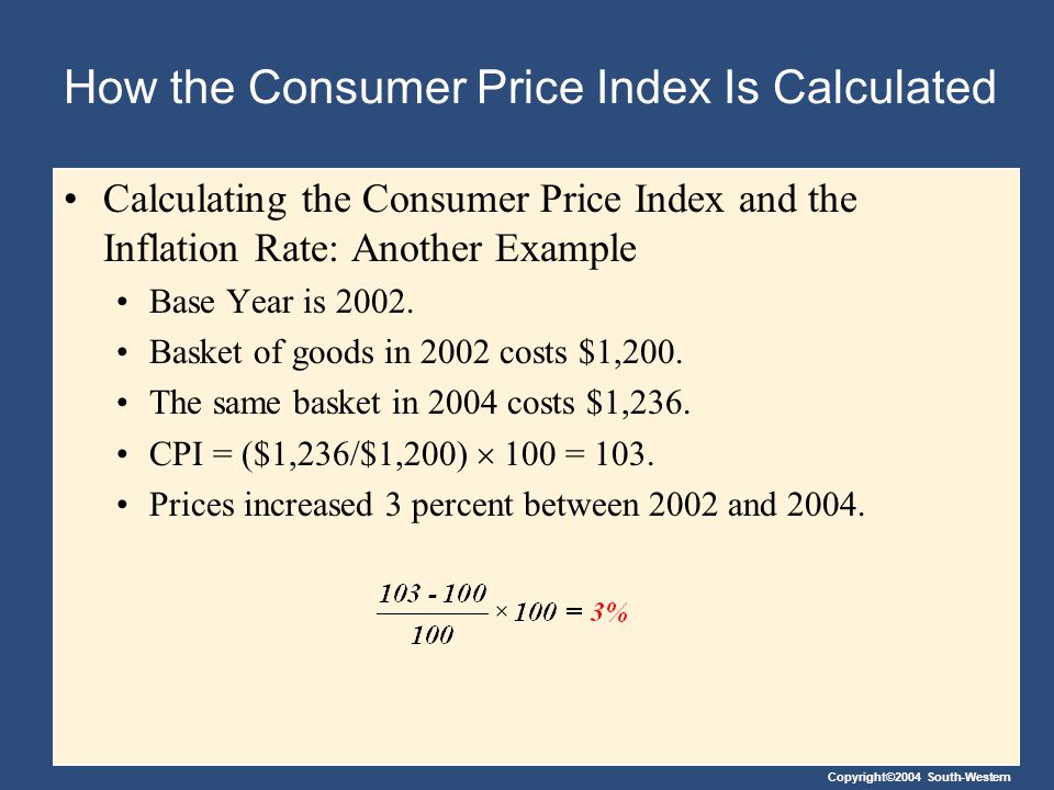 How the Consumer Price Index Is Calculated Calculating the Consumer Price Index and the Inflation Rate: Another Example Base Year is 2002.