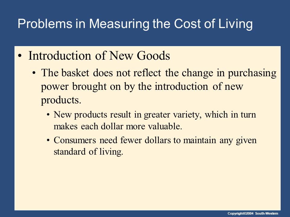 Copyright©2004 South-Western Problems in Measuring the Cost of Living Introduction of New Goods The basket does not reflect the change in purchasing power brought on by the introduction of new products.
