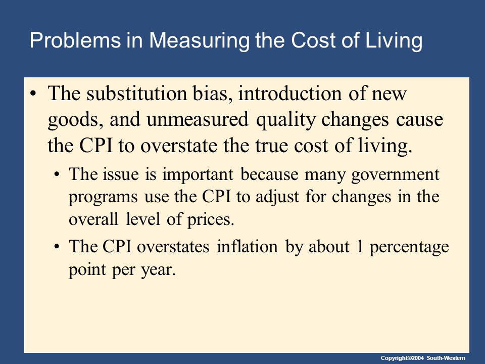 Copyright©2004 South-Western Problems in Measuring the Cost of Living The substitution bias, introduction of new goods, and unmeasured quality changes cause the CPI to overstate the true cost of living.