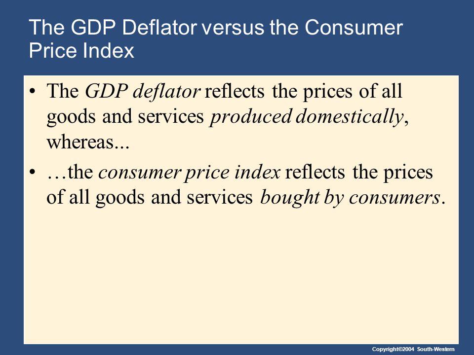 Copyright©2004 South-Western The GDP Deflator versus the Consumer Price Index The GDP deflator reflects the prices of all goods and services produced domestically, whereas...