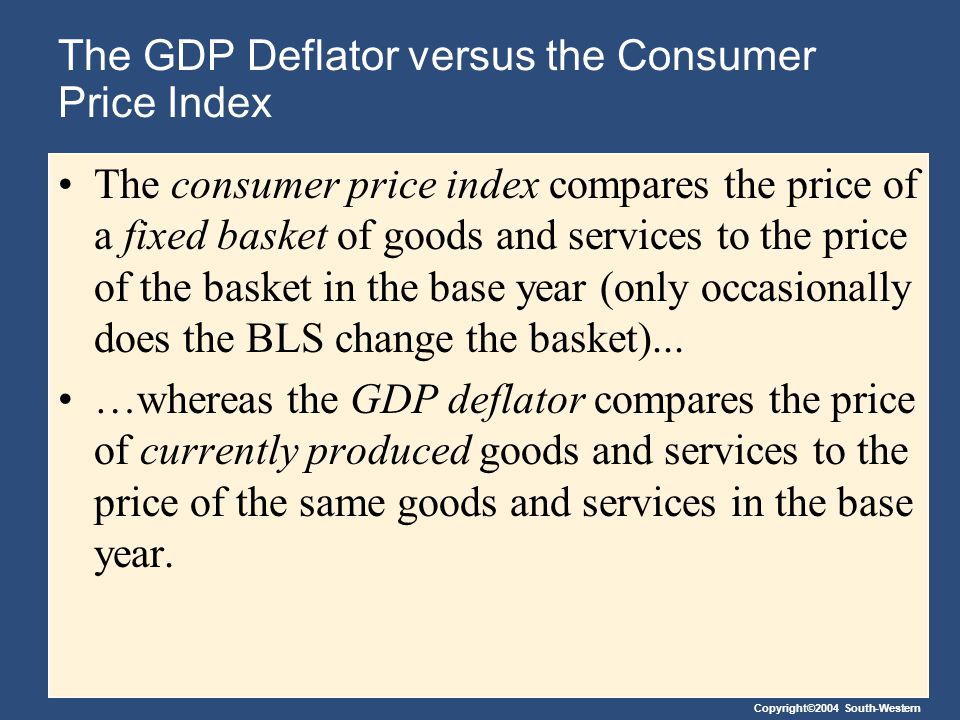 Copyright©2004 South-Western The GDP Deflator versus the Consumer Price Index The consumer price index compares the price of a fixed basket of goods and services to the price of the basket in the base year (only occasionally does the BLS change the basket)...