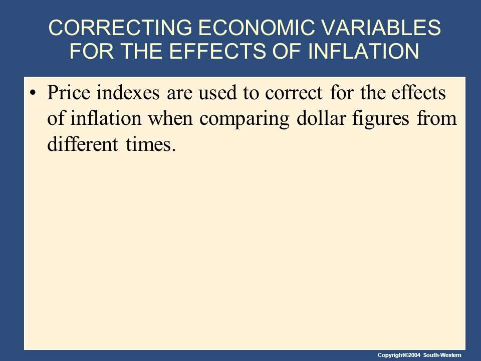 CORRECTING ECONOMIC VARIABLES FOR THE EFFECTS OF INFLATION Price indexes are used to correct for the effects of inflation when comparing dollar figures from different times.