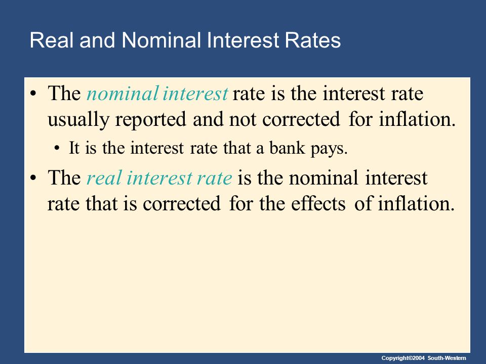 Copyright©2004 South-Western Real and Nominal Interest Rates The nominal interest rate is the interest rate usually reported and not corrected for inflation.