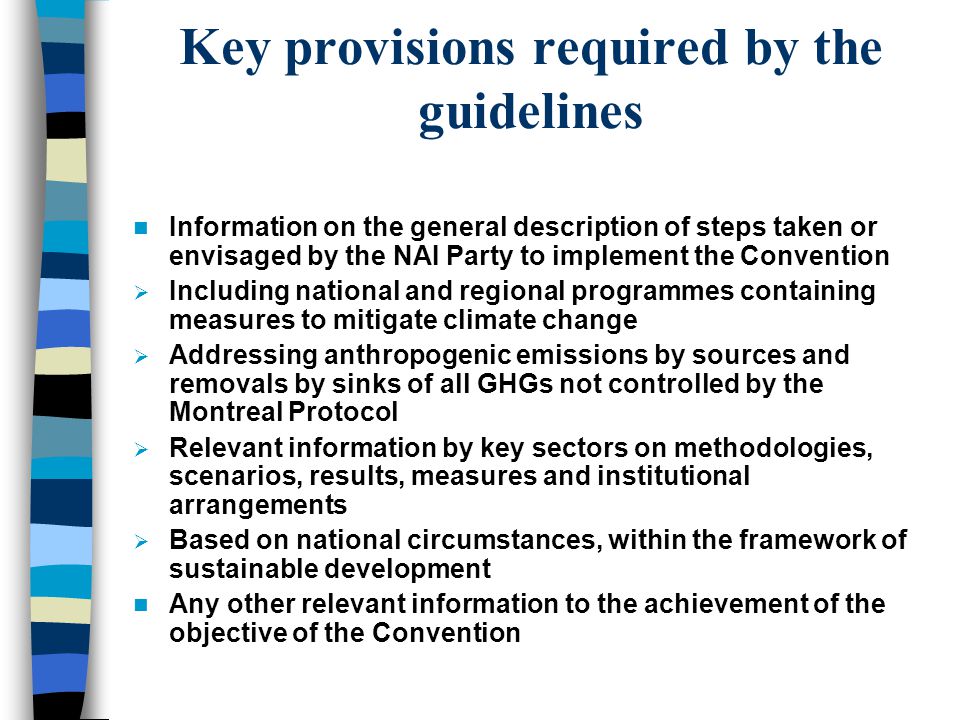 Key provisions required by the guidelines Information on the general description of steps taken or envisaged by the NAI Party to implement the Convention  Including national and regional programmes containing measures to mitigate climate change  Addressing anthropogenic emissions by sources and removals by sinks of all GHGs not controlled by the Montreal Protocol  Relevant information by key sectors on methodologies, scenarios, results, measures and institutional arrangements  Based on national circumstances, within the framework of sustainable development Any other relevant information to the achievement of the objective of the Convention