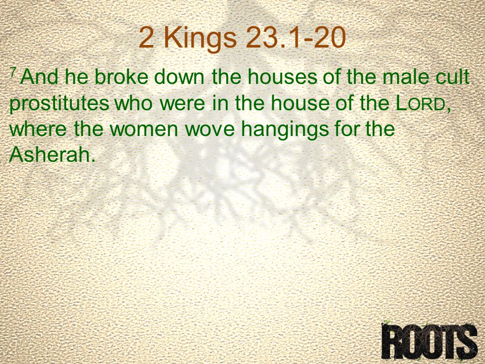2 Kings And he broke down the houses of the male cult prostitutes who were in the house of the L ORD, where the women wove hangings for the Asherah.