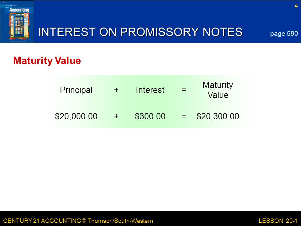 CENTURY 21 ACCOUNTING © Thomson/South-Western 4 LESSON 20-1 Maturity Value =Interest+Principal INTEREST ON PROMISSORY NOTES page 590 Maturity Value $20,300.00=$ $20,000.00