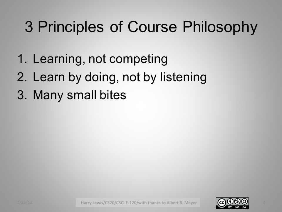 3 Principles of Course Philosophy 1.Learning, not competing 2.Learn by doing, not by listening 3.Many small bites 1/23/124