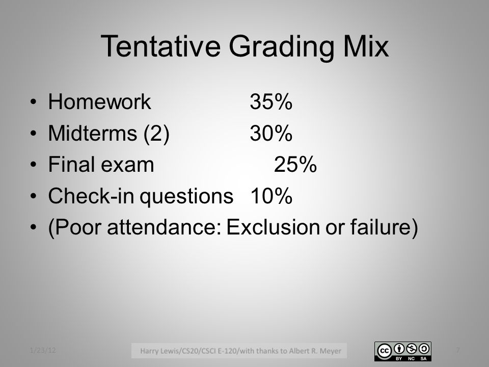 Tentative Grading Mix Homework35% Midterms (2)30% Final exam25% Check-in questions10% (Poor attendance: Exclusion or failure) 1/23/127