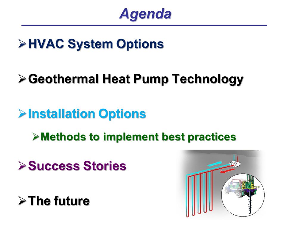  HVAC System Options  Geothermal Heat Pump Technology  Installation Options  Methods to implement best practices  Success Stories  The future Agenda