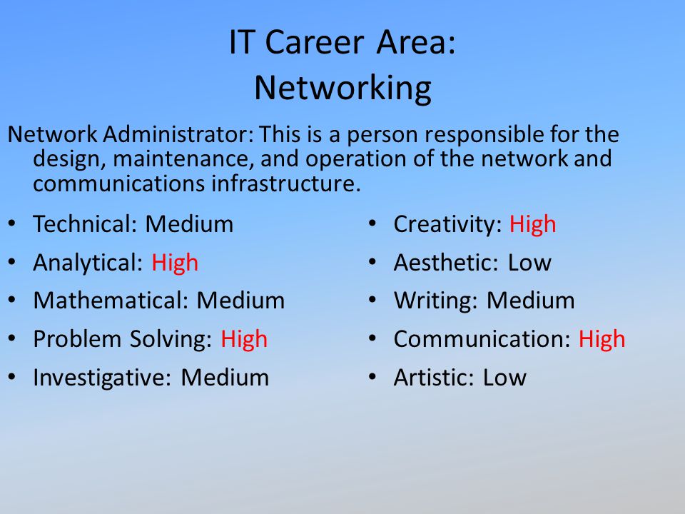 IT Career Area: Networking Network Administrator: This is a person responsible for the design, maintenance, and operation of the network and communications infrastructure.