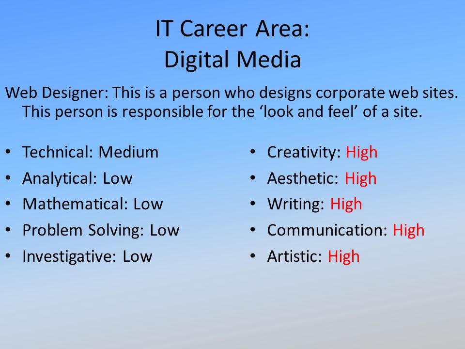 IT Career Area: Digital Media Web Designer: This is a person who designs corporate web sites.