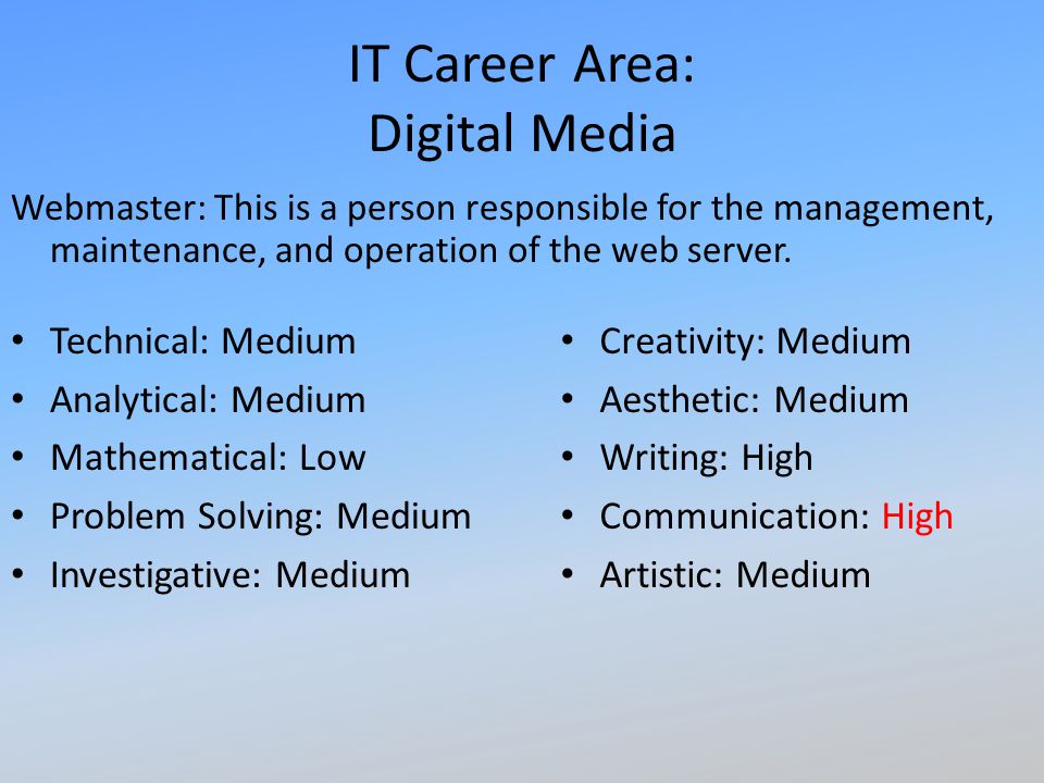 IT Career Area: Digital Media Webmaster: This is a person responsible for the management, maintenance, and operation of the web server.