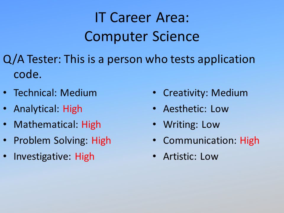IT Career Area: Computer Science Q/A Tester: This is a person who tests application code.