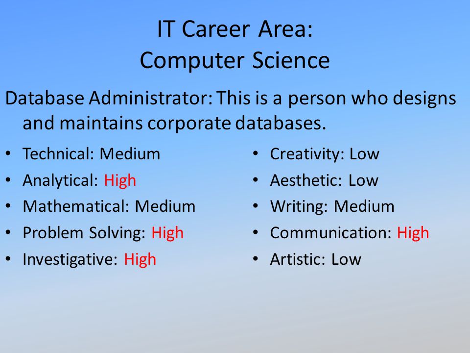 IT Career Area: Computer Science Database Administrator: This is a person who designs and maintains corporate databases.
