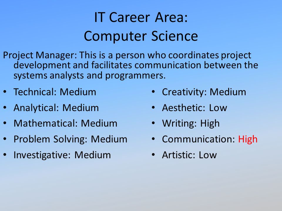 IT Career Area: Computer Science Project Manager: This is a person who coordinates project development and facilitates communication between the systems analysts and programmers.