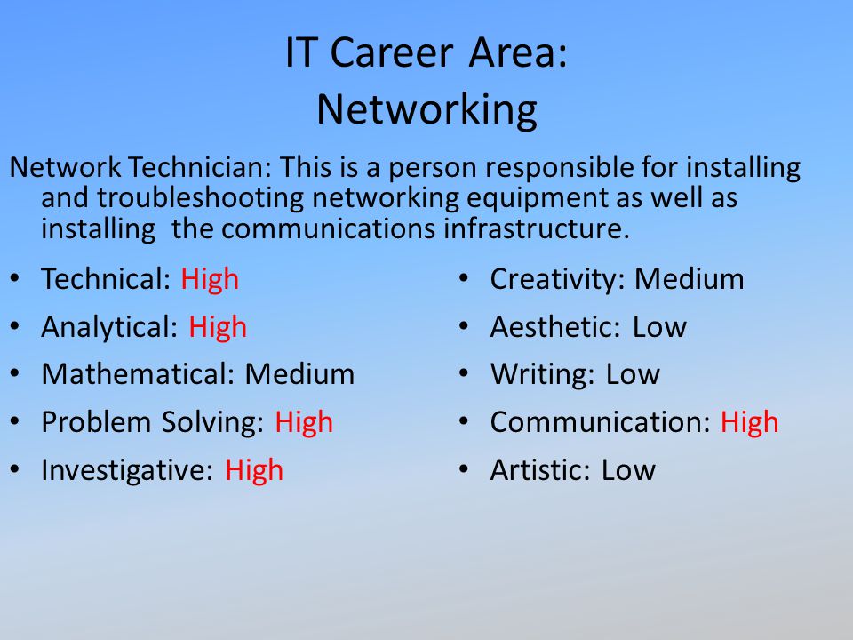 IT Career Area: Networking Network Technician: This is a person responsible for installing and troubleshooting networking equipment as well as installing the communications infrastructure.