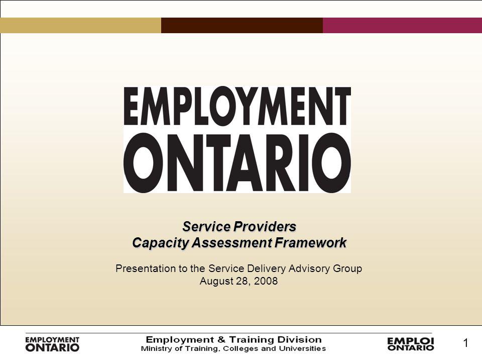 1 Service Providers Capacity Assessment Framework Presentation to the Service Delivery Advisory Group August 28, 2008