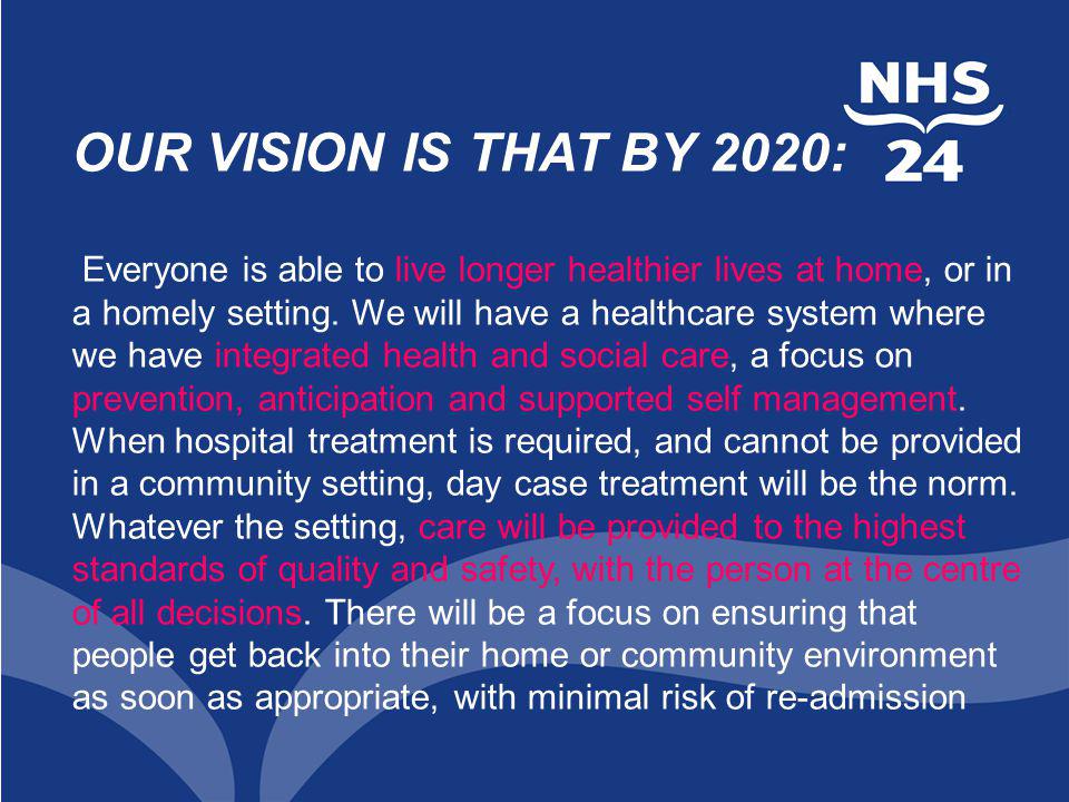 OUR VISION IS THAT BY 2020: Everyone is able to live longer healthier lives at home, or in a homely setting.