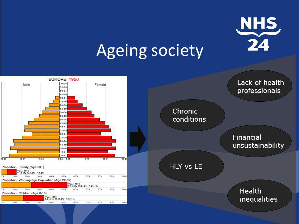 Ageing society Chronic conditions Lack of health professionals Financial unsustainability Health inequalities HLY vs LE