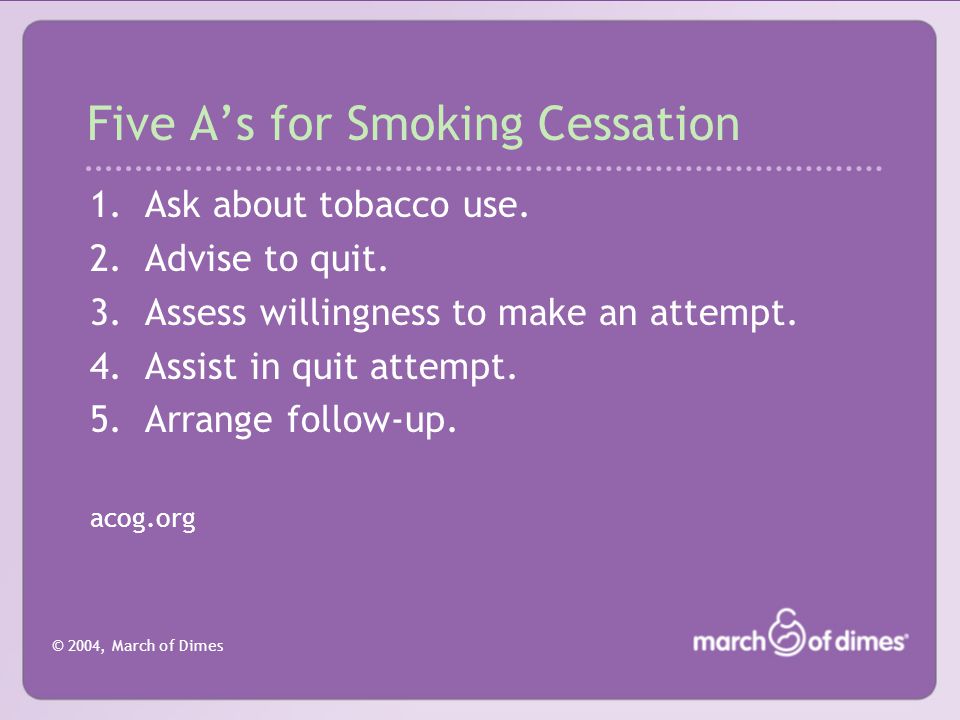 © 2004, March of Dimes Five A’s for Smoking Cessation 1.