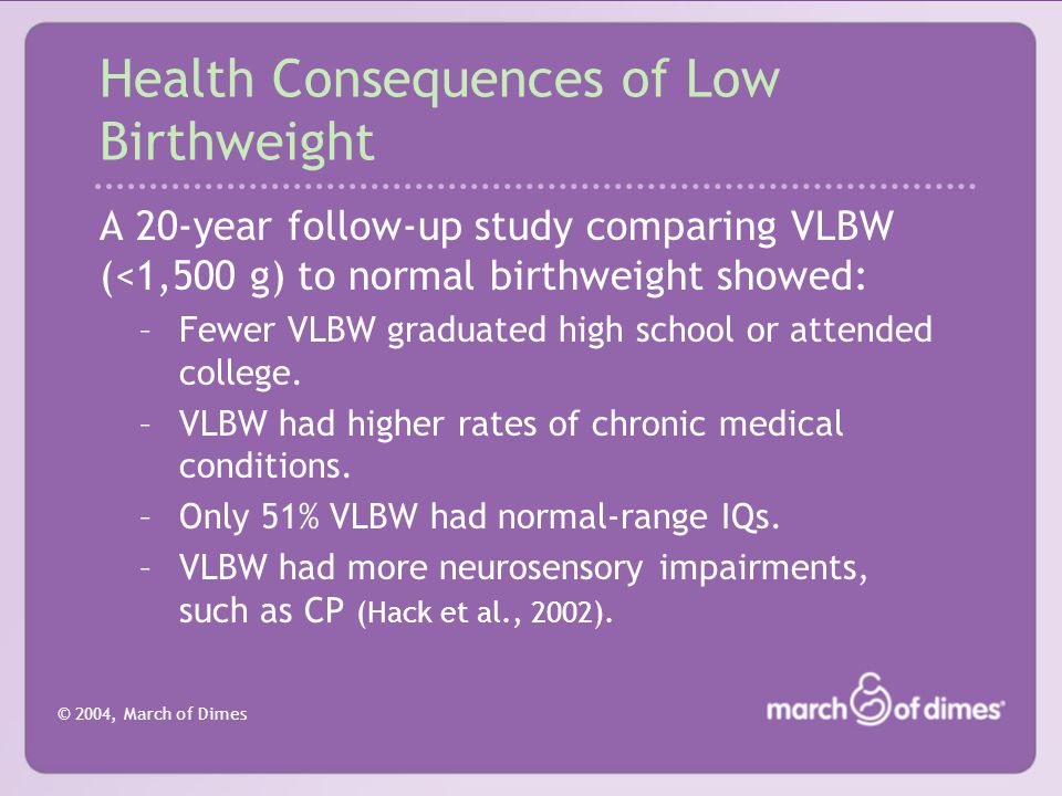© 2004, March of Dimes Health Consequences of Low Birthweight A 20-year follow-up study comparing VLBW (<1,500 g) to normal birthweight showed: –Fewer VLBW graduated high school or attended college.