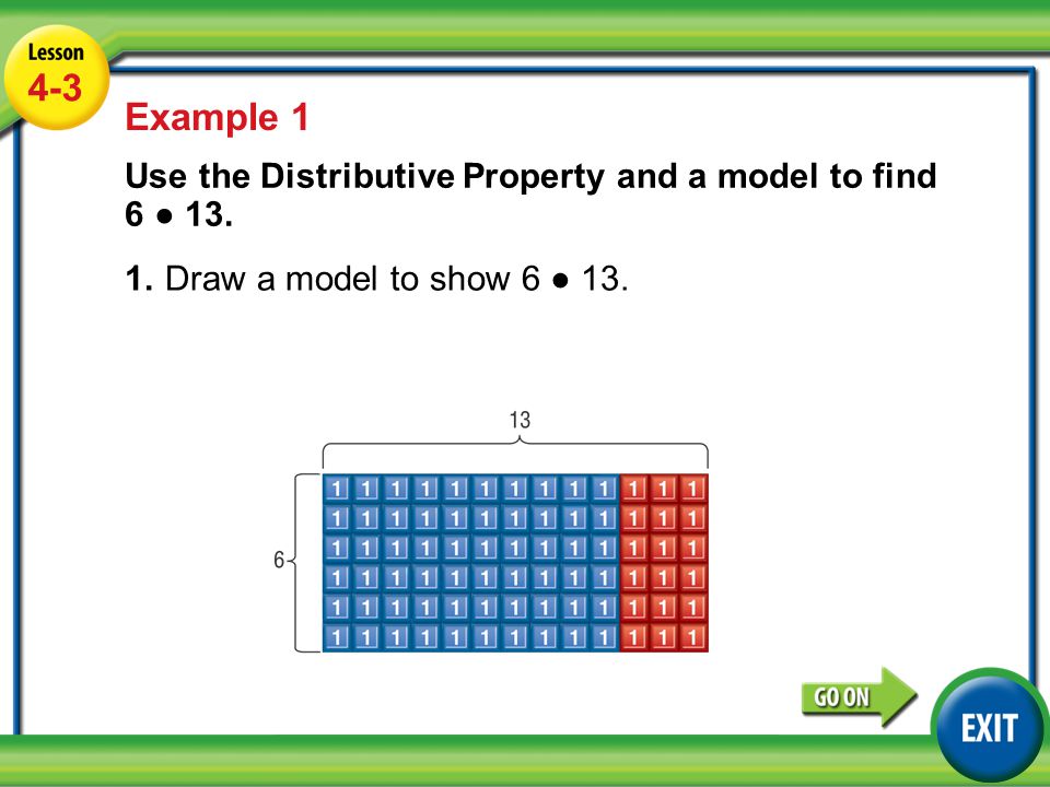 Lesson 2-3 Example Example 1 Use the Distributive Property and a model to find 6 ● 13.