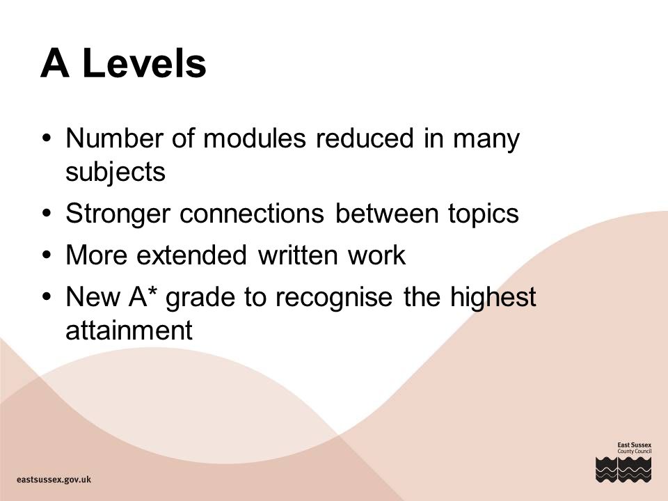 A Levels  Number of modules reduced in many subjects  Stronger connections between topics  More extended written work  New A* grade to recognise the highest attainment